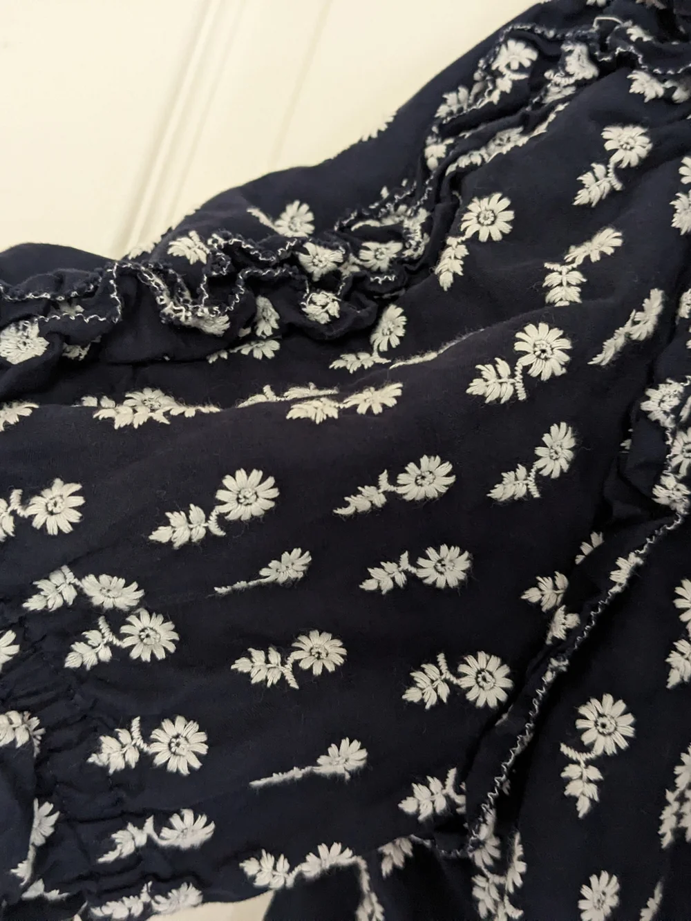 J. Crew Navy and White Floral Tie-Neck Short Sleeve Blouse